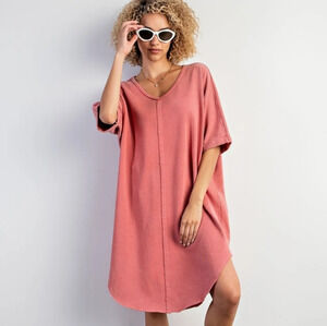 Easel Coral Mineral Washed Terry Knit Tunic T-shirt Dress New